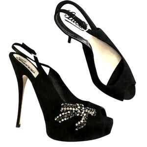 Gucci 8 Rhinestone $1120 Bow Slingback Platform Heels Suede Peeptoe Pumps 38